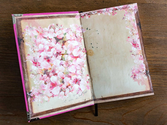 Handmade Bullet Journal -Pink Cloth Cover - Cherry Blossom End Pages