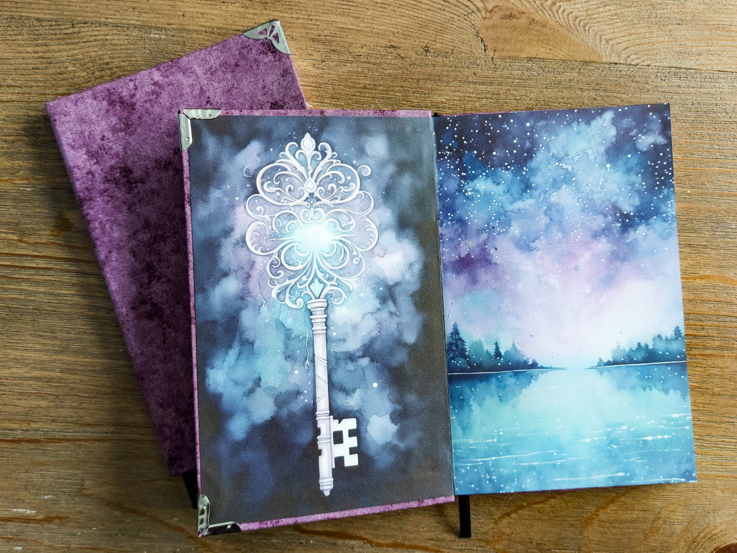 Handmade Bullet Journal - Marble Purple Cloth Cover - Moonlight Key/Book End Pages