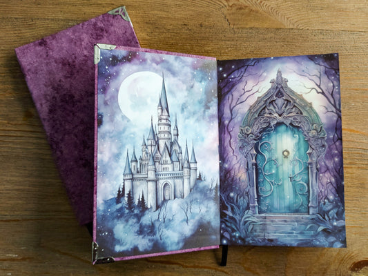 Handmade Bullet Journal - Marble Purple Cloth Cover - Moonlight Castle End Pages