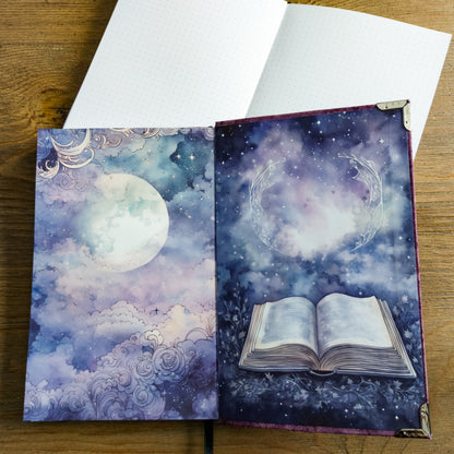 Handmade Bullet Journal - Marble Purple Cloth Cover - Moonlight Key/Book End Pages