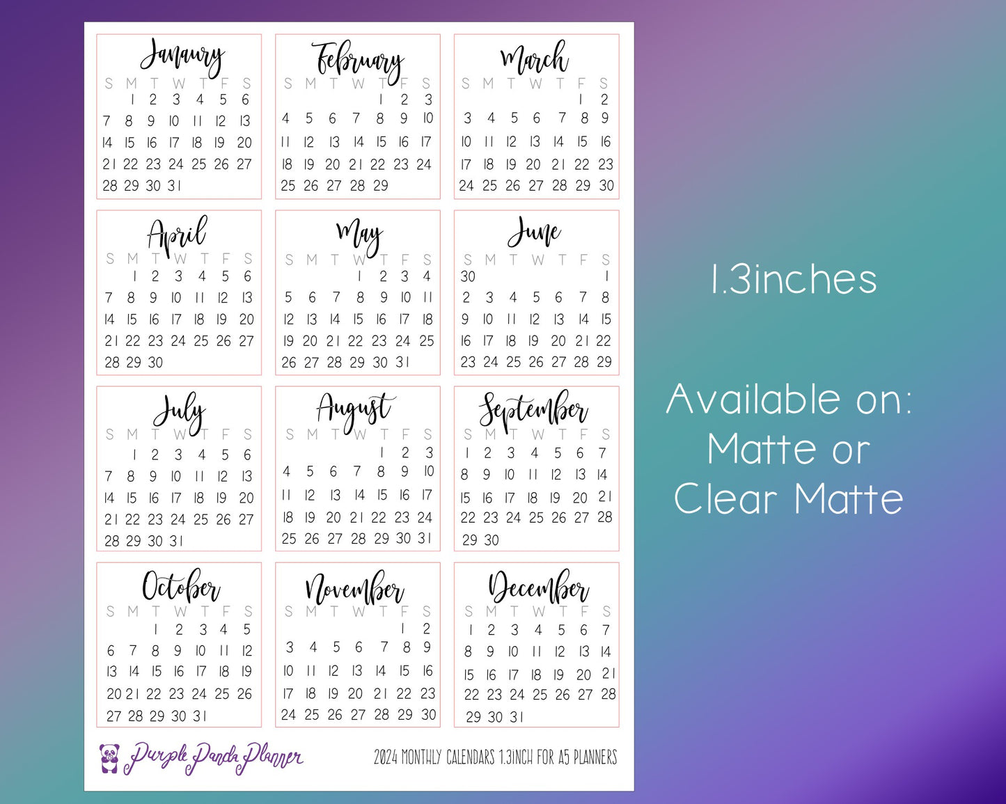 1.3inch 2024 Monthly Calendar Stickers for A5 Bullet Journals & Planners