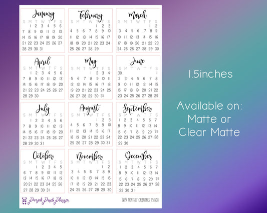 1.5 inch 2024 Monthly Calendar Stickers