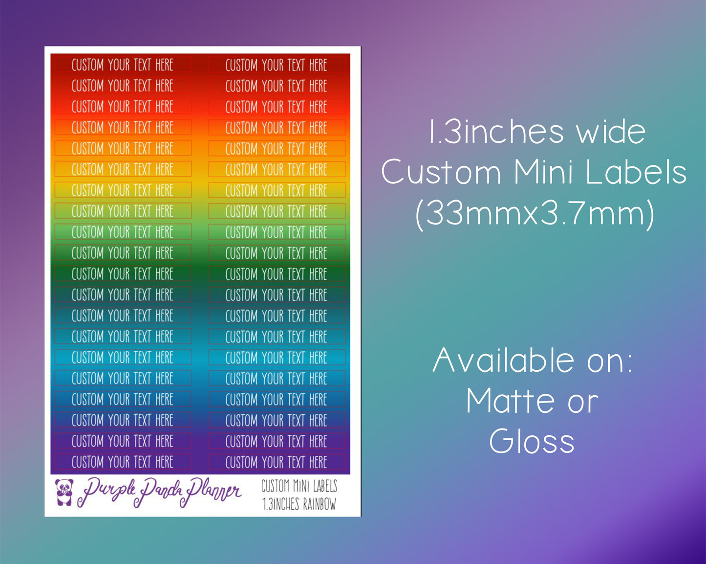 CUSTOM Script Mini Labels 1.3inches wide (33mmx3.7mm) Rainbow
