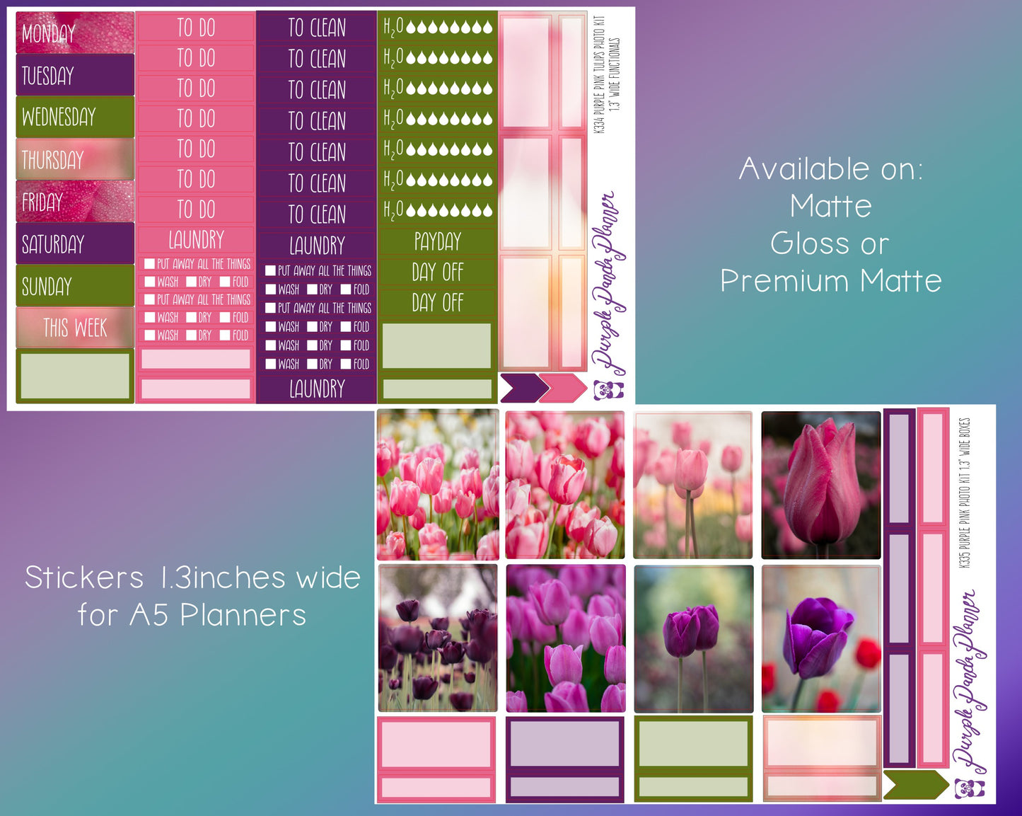 Weekly Photo Kit 1.3inch Wide for A5 Planners | Purple Pink Tulips | K334-335
