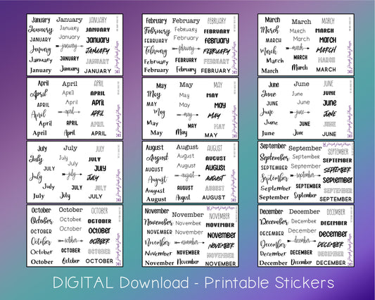DIGITAL Download - Printable Planner Stickers - Multi Font Months