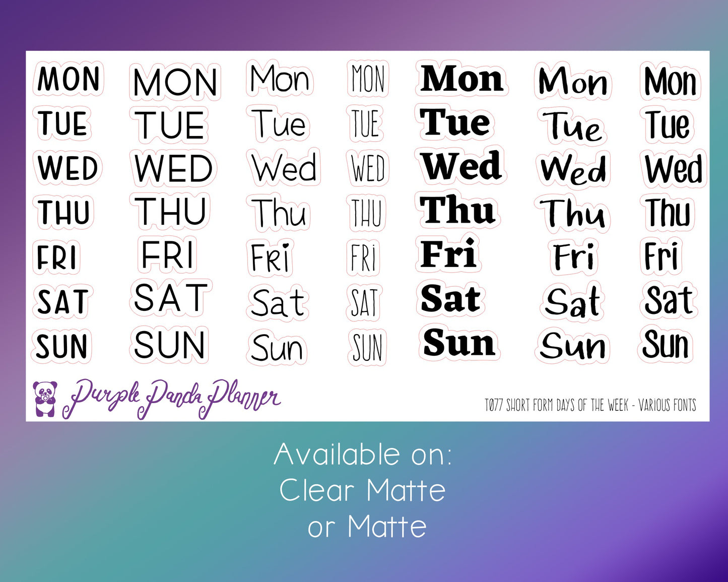 Short Form Days of the Week (T077) - Various Fonts - Black