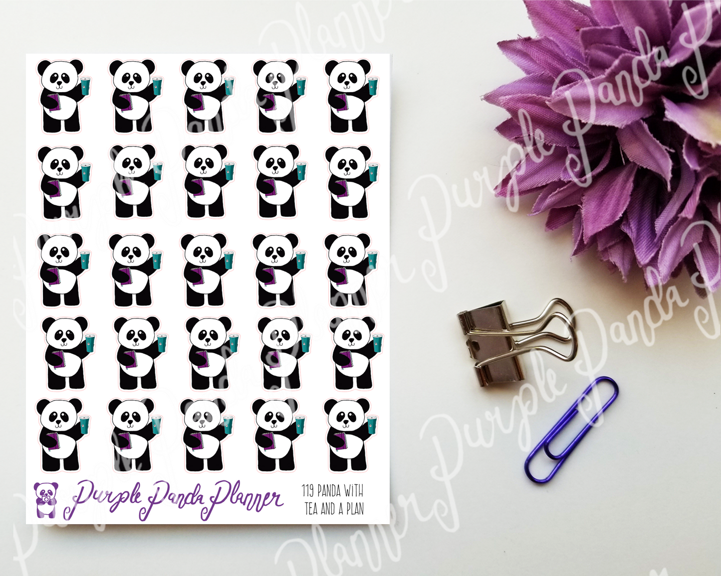 Panda With Tea and a Plan 119 Planner or Bullet Journal Stickers for Functional Planning