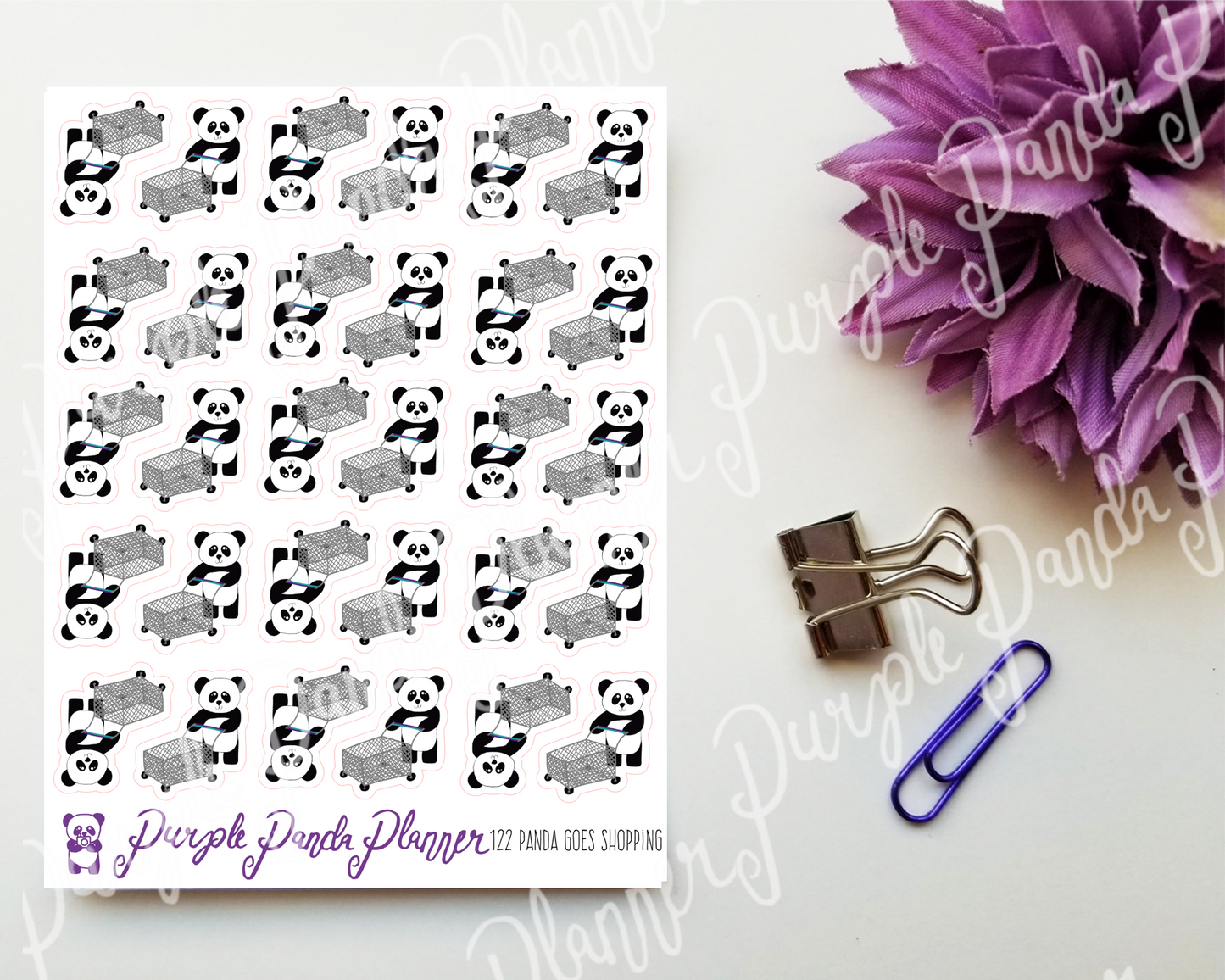 Panda Goes Grocery Shopping, Panda with Cart, 122 Planner or Bullet Journal Stickers for Functional Planning