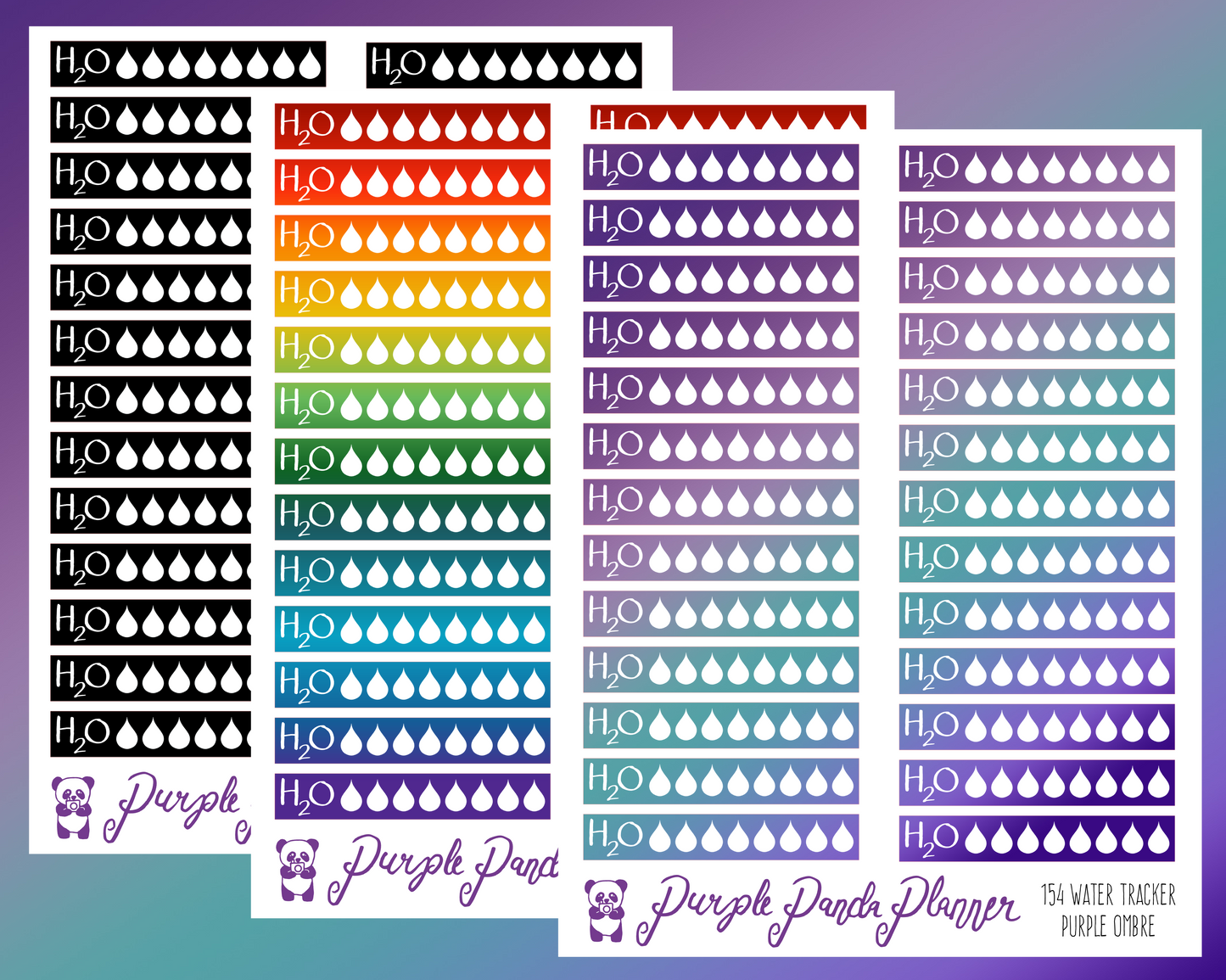 Hydrate Water Tracker Stickers for Planner or Bullet Journal | Black, Rainbow or Purple Ombre | 154