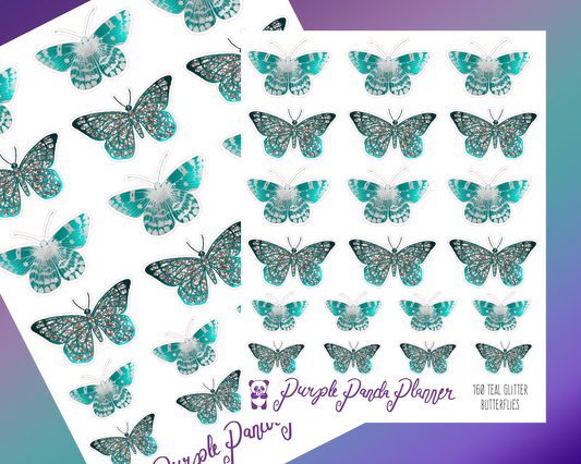 Teal Glitter Butterflies Deco 160 Planner or Bullet Journal Stickers for Functional Planning