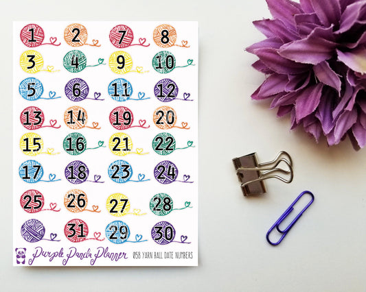 Watercolour Rainbow Yarn Ball Date Numbers, Date Covers 058 Planner or Bullet Journal Stickers for Functional Planning