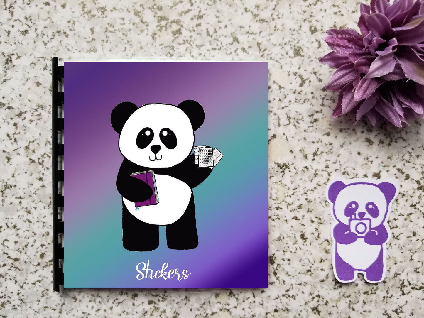 Reusable Sticker Storage Book Album - Purple Teal Ombre Gradient Panda Ready to Plan Hand Drawn Cover