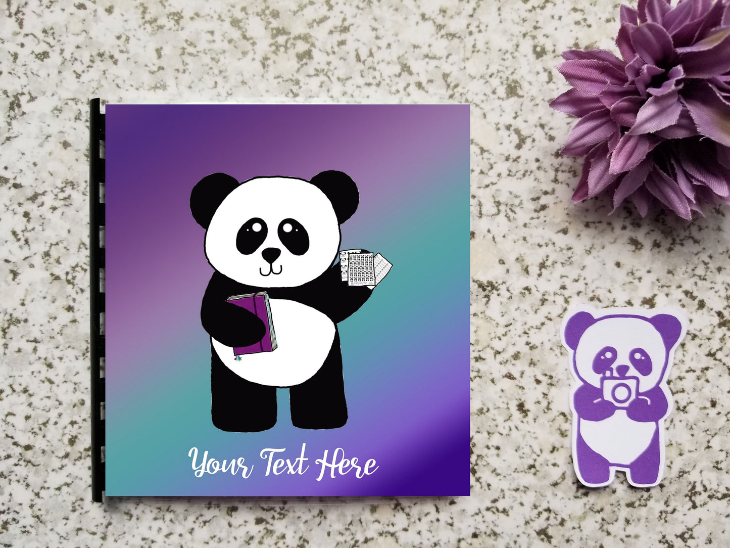 Personalized Text Reusable Sticker Storage Book Album - Purple Teal Ombre Gradient Panda Ready to Plan Hand Drawn Cover