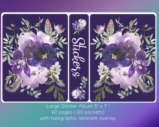Large Sticker Album (5" x 7") - Purple Watercolour Floral Cover with Holo Laminate Overlay