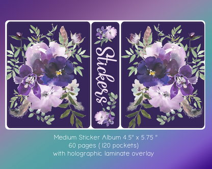 Medium Sticker Album (4.5" x 5.75") - Purple Watercolour Floral Cover with Holo Laminate Overlay