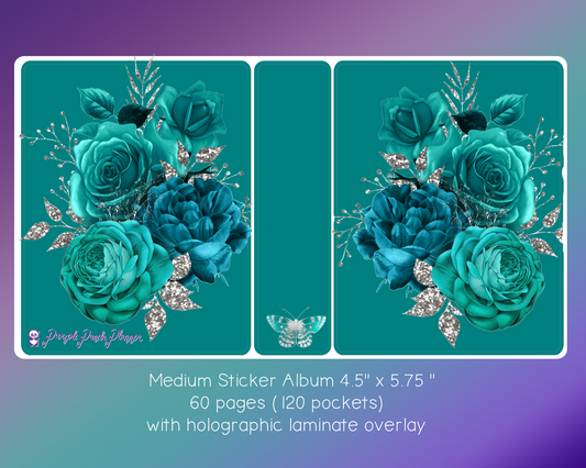 Medium Sticker Album (4.5" x 5.75") - Teal Floral Cover with Holo Laminate Overlay