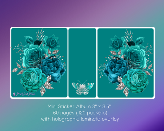 Mini Sticker Album (3" x 3.5") - Teal Floral Cover with Holo Laminate Overlay