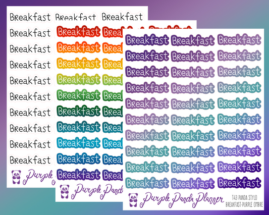 Breakfast (T43) - Panda Stylo Script - Black, Rainbow, or Purple Ombre - Stickers for Planner, Journal or Calendar