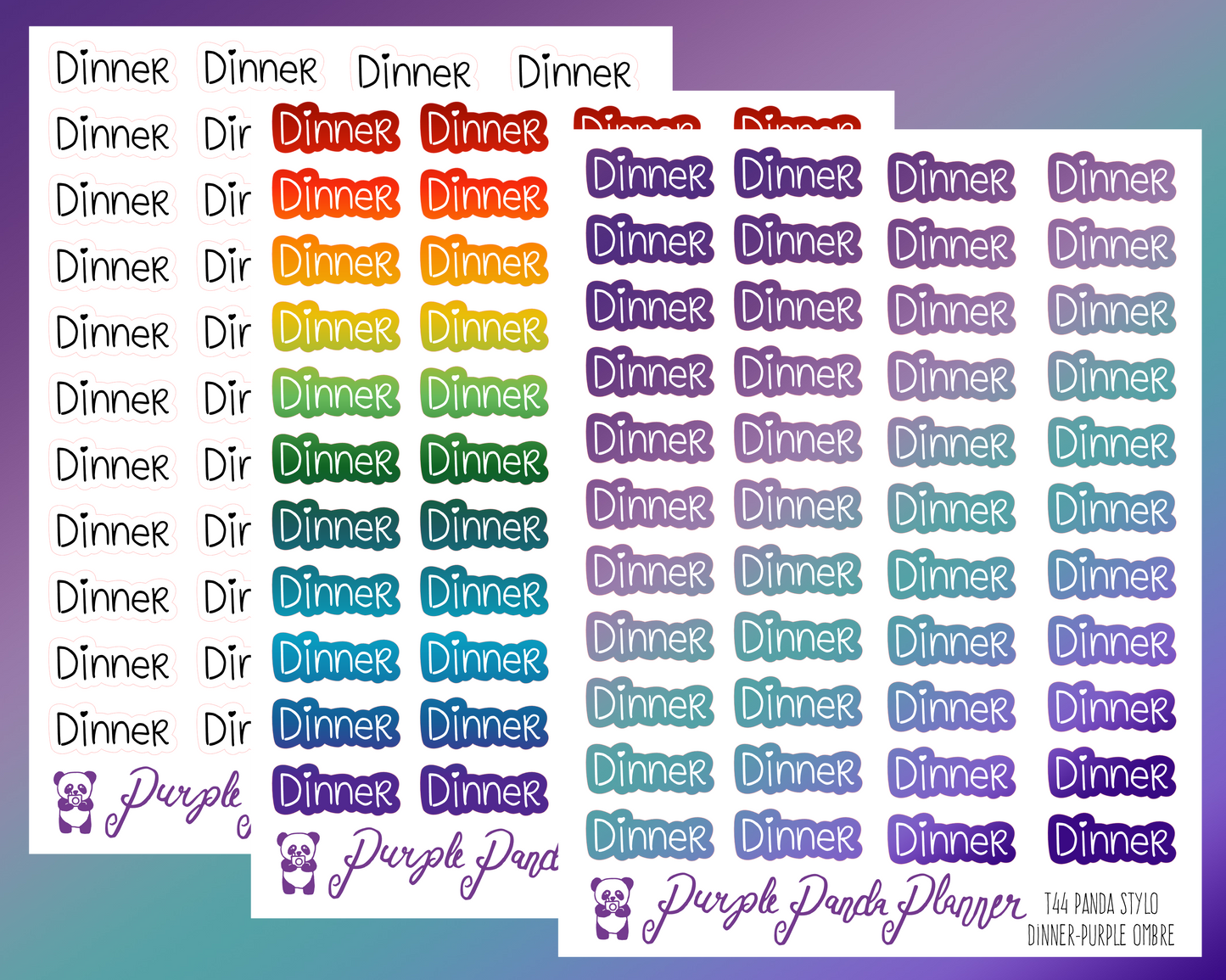 Dinner (T44) - Panda Stylo Script - Black, Rainbow, or Purple Ombre - Stickers for Planner, Journal or Calendar
