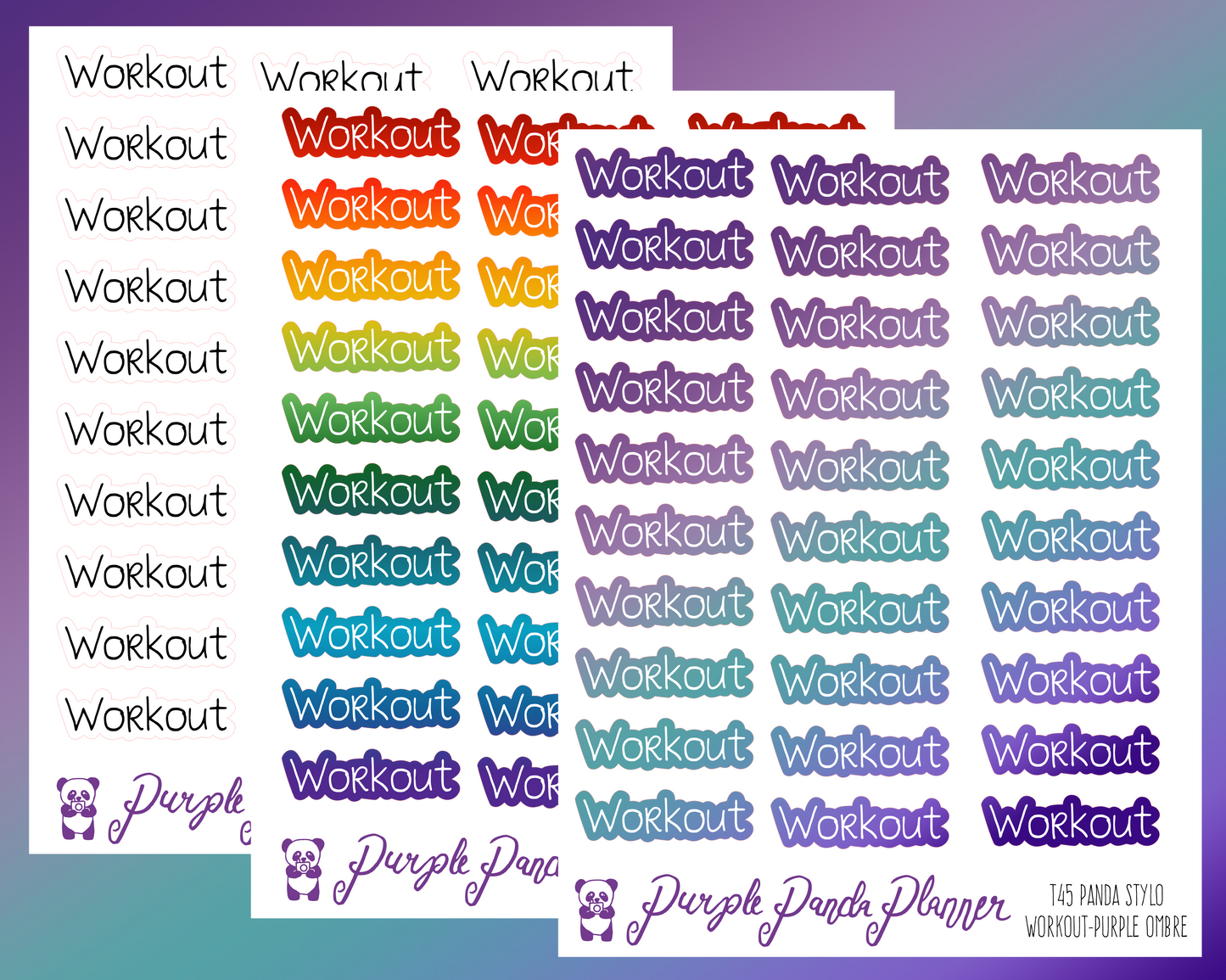 Workout (T45) - Panda Stylo Script - Black, Rainbow, or Purple Ombre - Stickers for Planner, Journal or Calendar