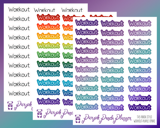 Workout (T45) - Panda Stylo Script - Black, Rainbow, or Purple Ombre - Stickers for Planner, Journal or Calendar