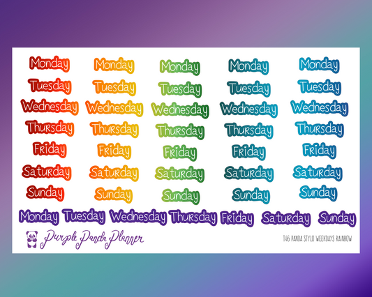 Days of the Week (T46) - Panda Stylo Script - Rainbow - Stickers for Planner, Journal or Calendar