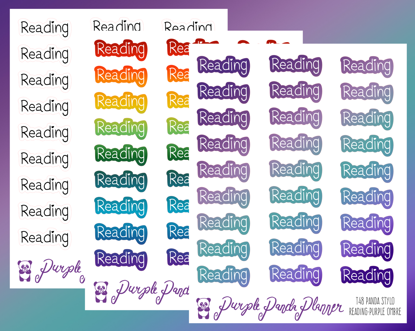 Reading (T48) - Panda Stylo Script - Black, Rainbow, or Purple Ombre - Stickers for Planner, Journal or Calendar