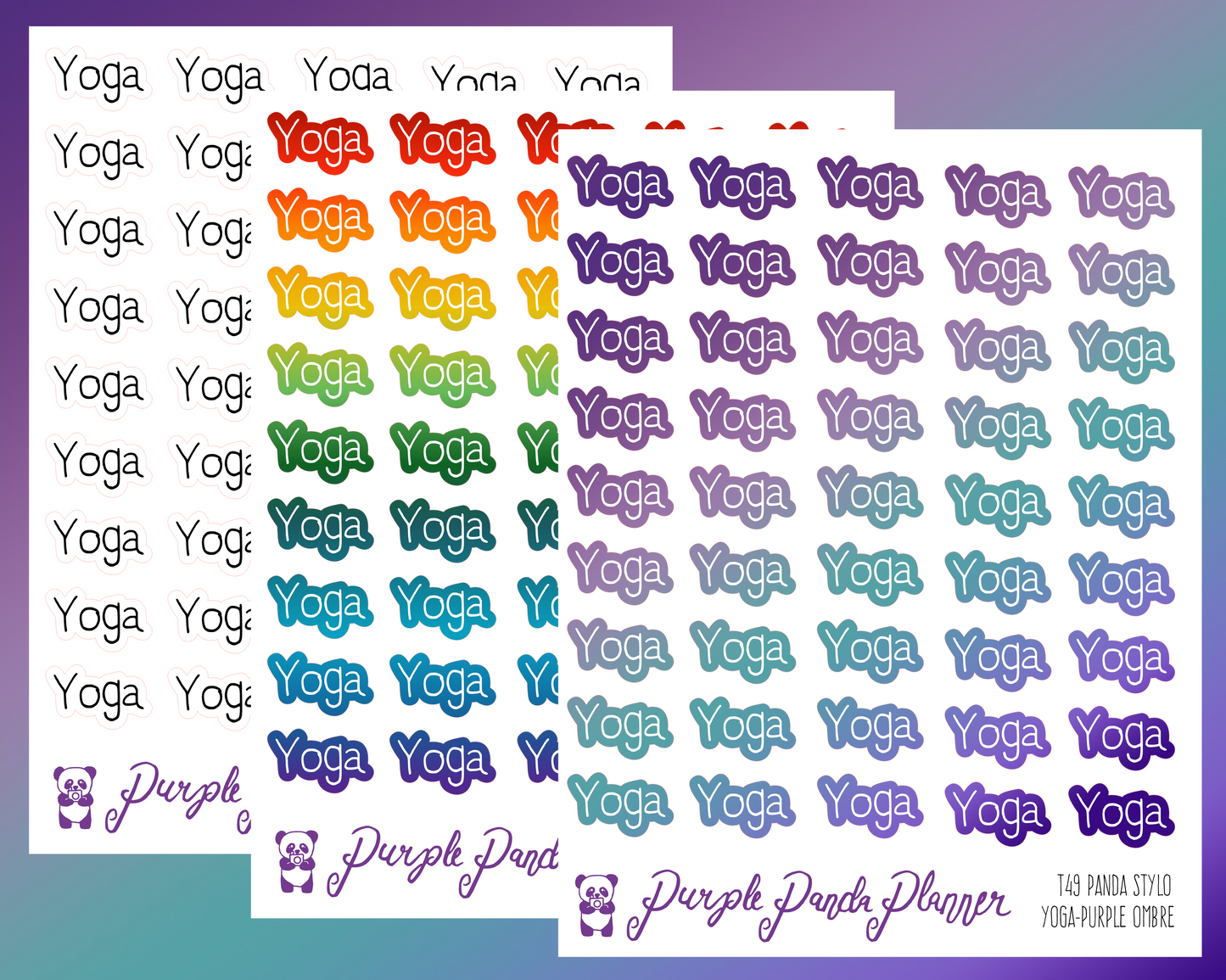 Yoga (T49) - Panda Stylo Script - Black, Rainbow, or Purple Ombre - Stickers for Planner, Journal or Calendar