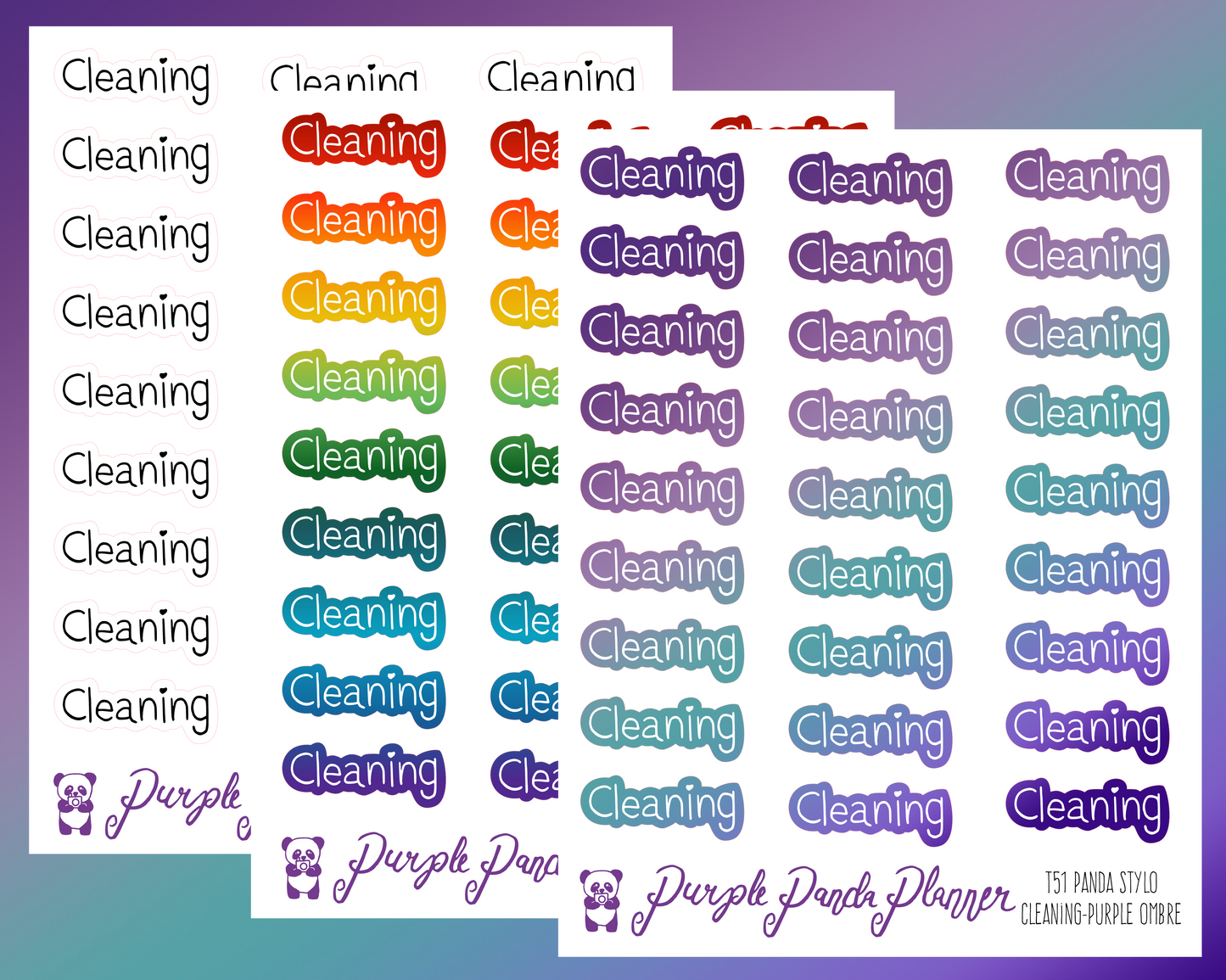Cleaning (T51) - Panda Stylo Script - Black, Rainbow, or Purple Ombre - Stickers for Planner, Journal or Calendar