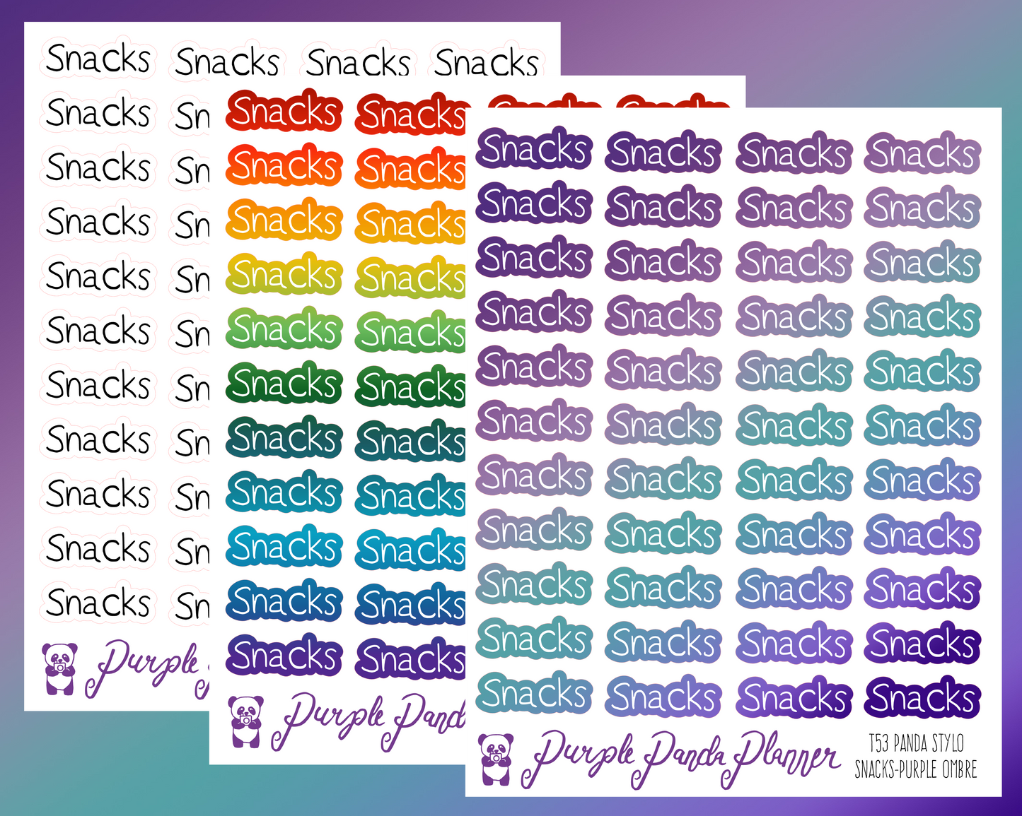Snacks (T53) - Panda Stylo Script - Black, Rainbow, or Purple Ombre - Stickers for Planner, Journal or Calendar