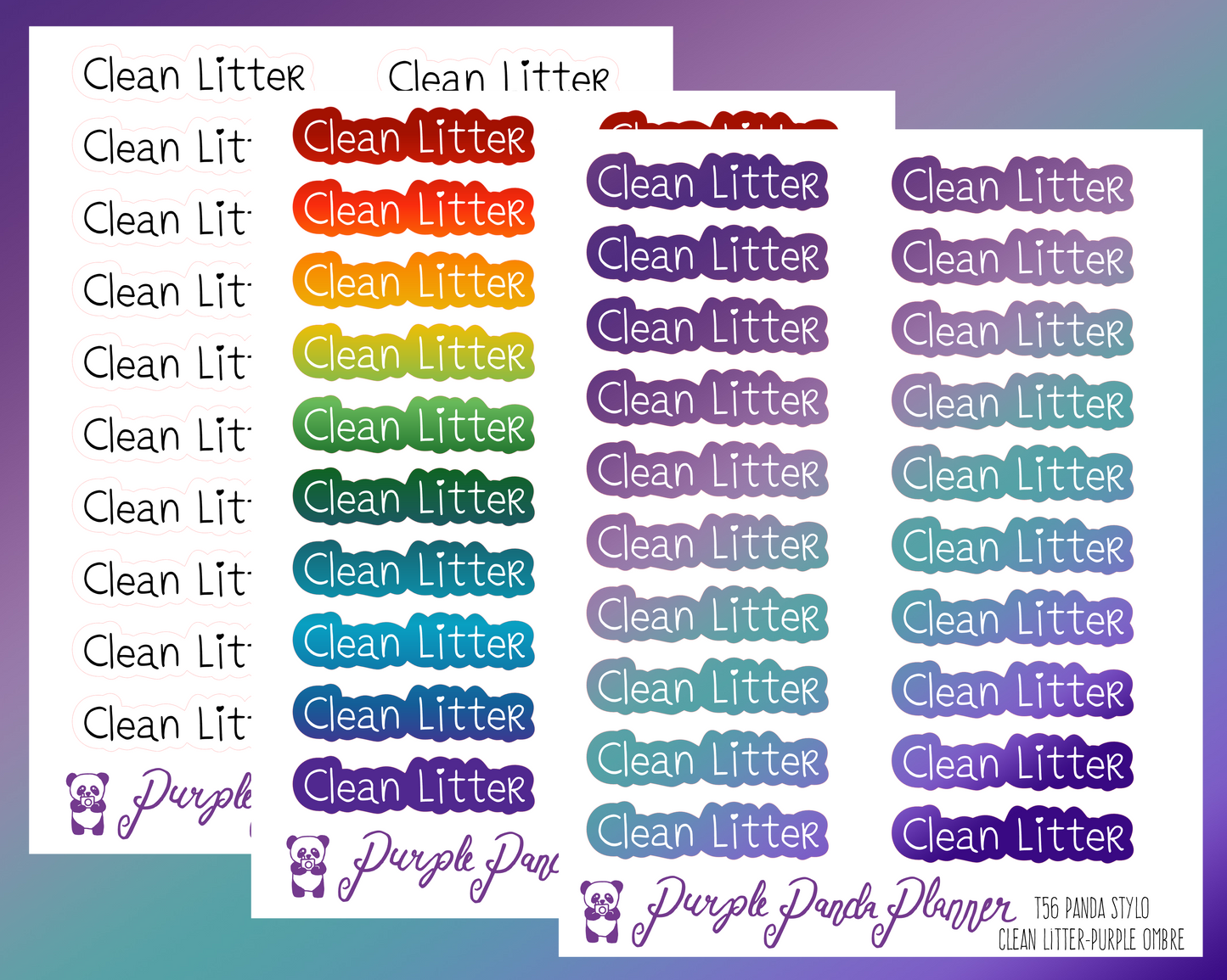 Clean Litter (T56) - Panda Stylo Script - Black, Rainbow, or Purple Ombre - Stickers for Planner, Journal or Calendar