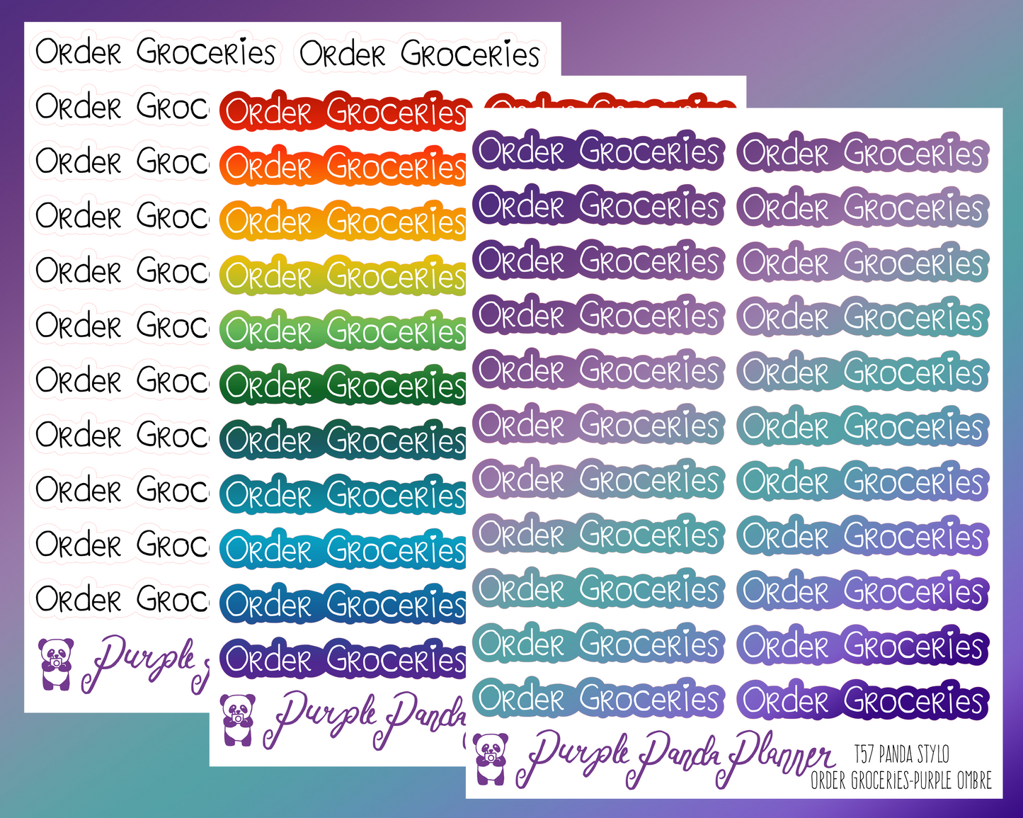 Order Groceries (T57) - Panda Stylo Script - Black, Rainbow, or Purple Ombre - Stickers for Planner, Journal or Calendar