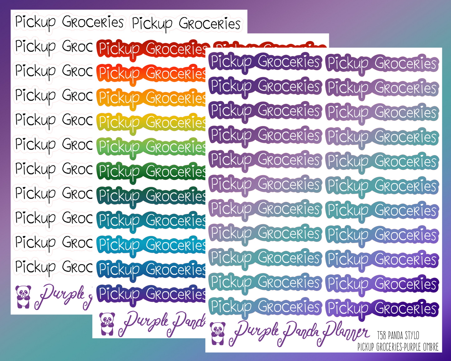 Pickup Groceries (T58) - Panda Stylo Script - Black, Rainbow, or Purple Ombre - Stickers for Planner, Journal or Calendar