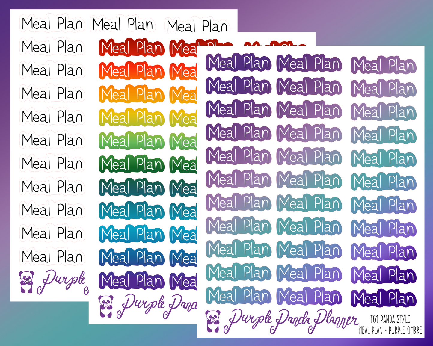 Meal Plan (T61) - Panda Stylo Script - Black, Rainbow, or Purple Ombre - Stickers for Planner, Journal or Calendar