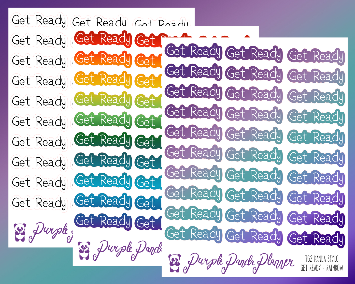 Get Ready (T62) - Panda Stylo Script - Black, Rainbow, or Purple Ombre - Stickers for Planner, Journal or Calendar