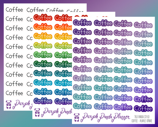 Coffee (T63) - Panda Stylo Script - Black, Rainbow, or Purple Ombre - Stickers for Planner, Journal or Calendar