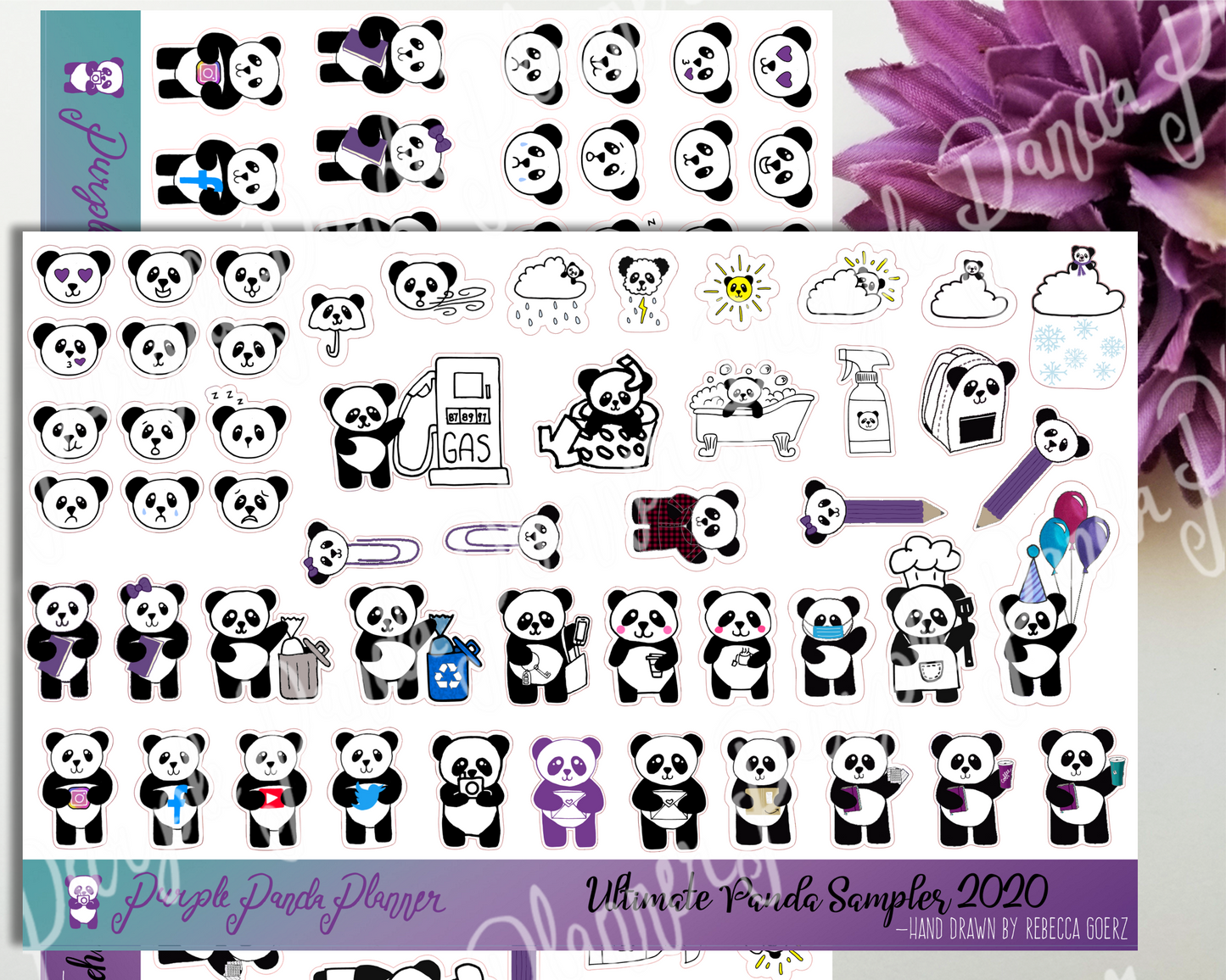 Ultimate Hand Drawn Panda Planner Sticker Sampler, Matte, Clear, Gloss or Premium Matte Sticker Paper
