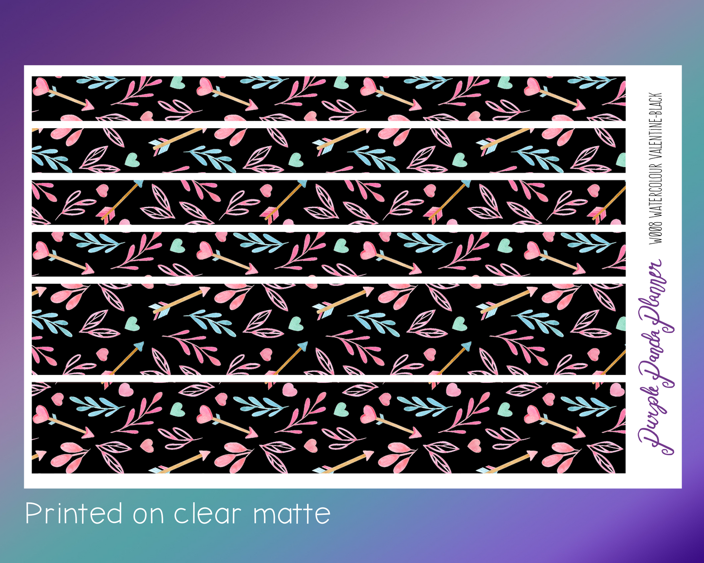 Watercolour Valentine -Black Background- Washi Sticker Strips on Clear Matte |W008|